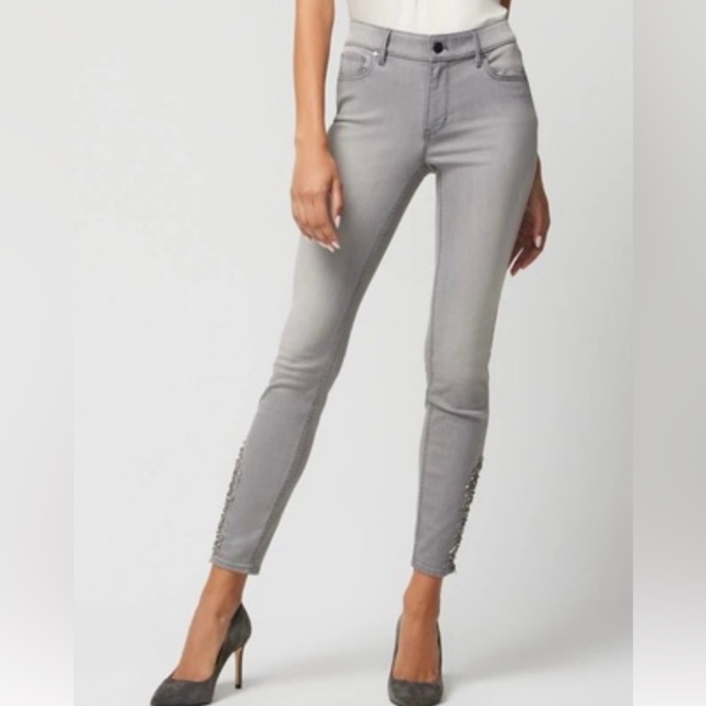 NWT White House Black Market Skinny Ankle Rhinestones Zipper Hem Grey Jeans Sz 2